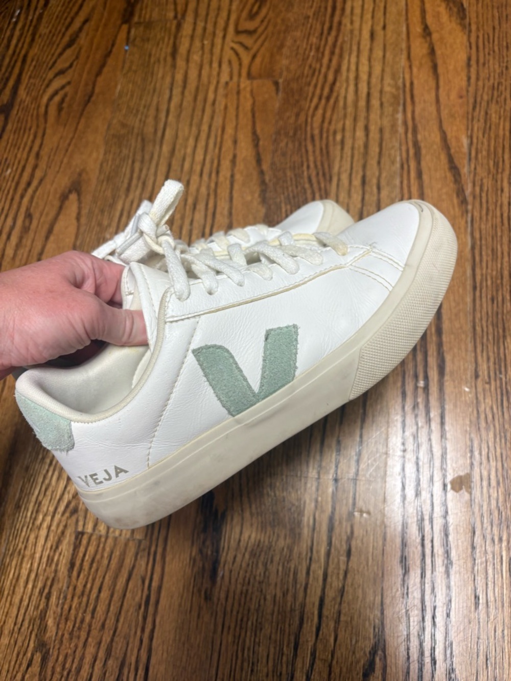 Veja White and Teal Leather Low-Top Sneakers - Picture 3 of 8
